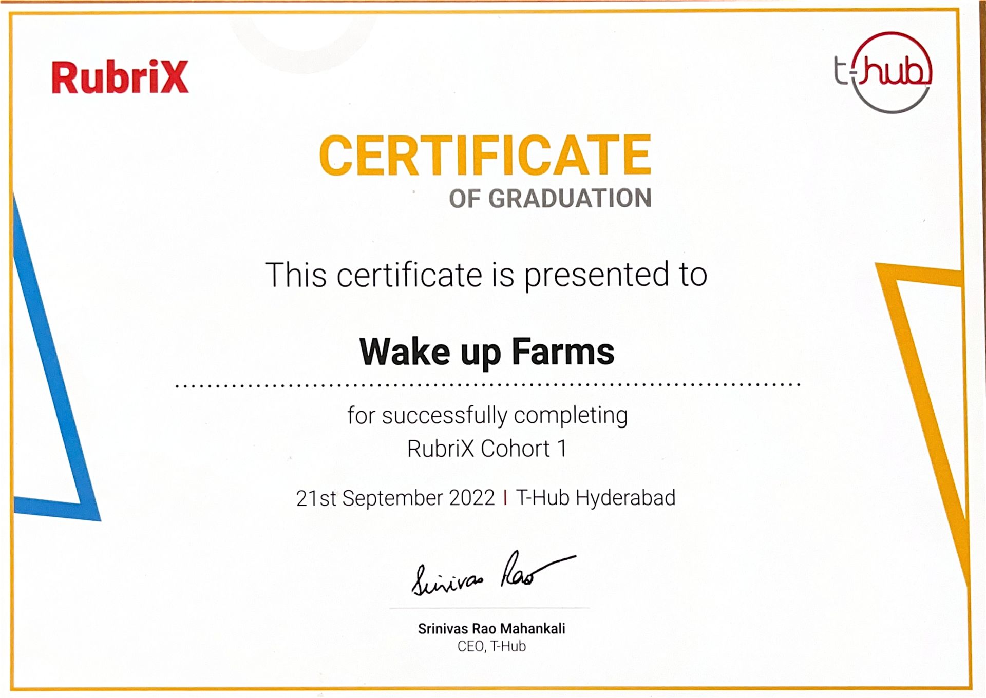 T-Hub RubriX certificate